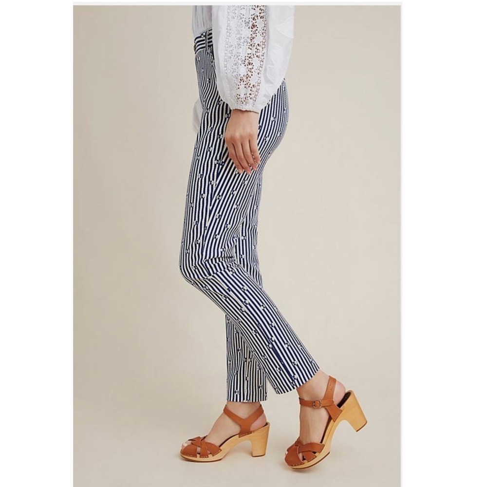 Anthropologie The Essential Slim Pants Navy Blue White Striped Floral Size 12‎